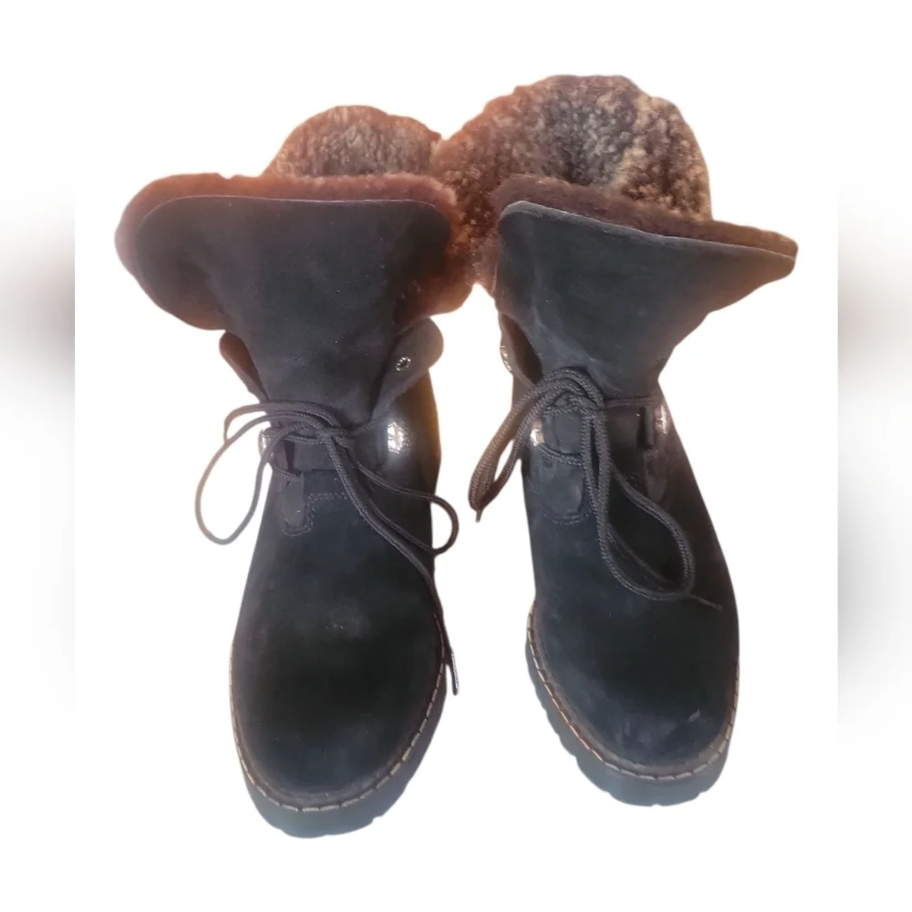 Sorel Women's Black Suede Cuff Over Faux Fur Lined Winter Ankle Bootie Boots 7M